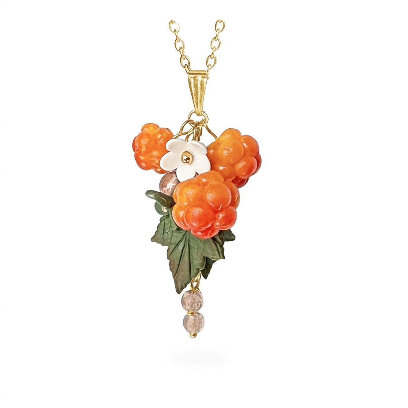 Cloudberry necklace with handmade orange berries, white flower and green leaves, gold chain necklace, handcrafted Finnish jewelry.