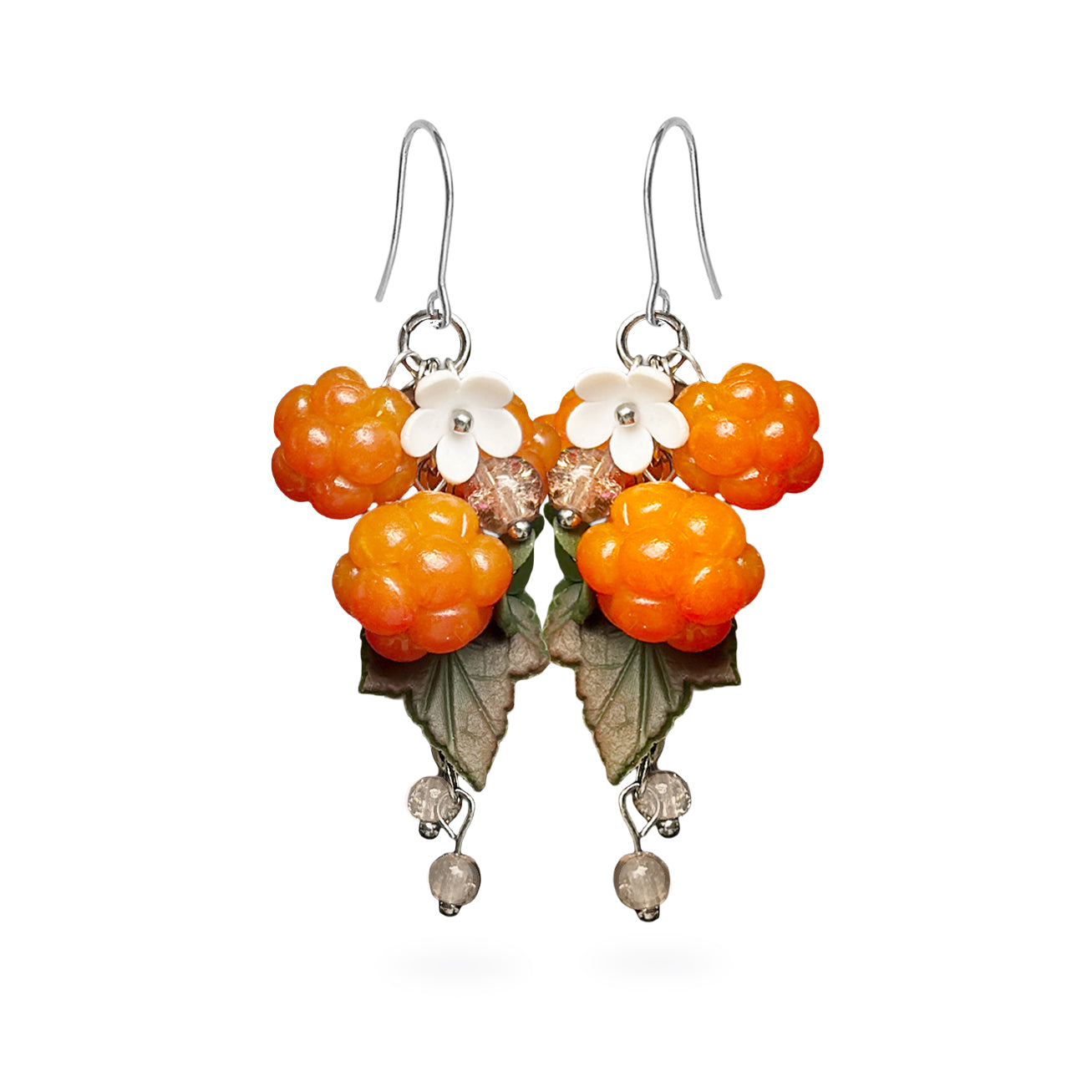 Cloudberry Marsh Earrings featuring hand-shaped cloudberries, white and green flowers, and green leaves. Handmade in Finland by byMinta.