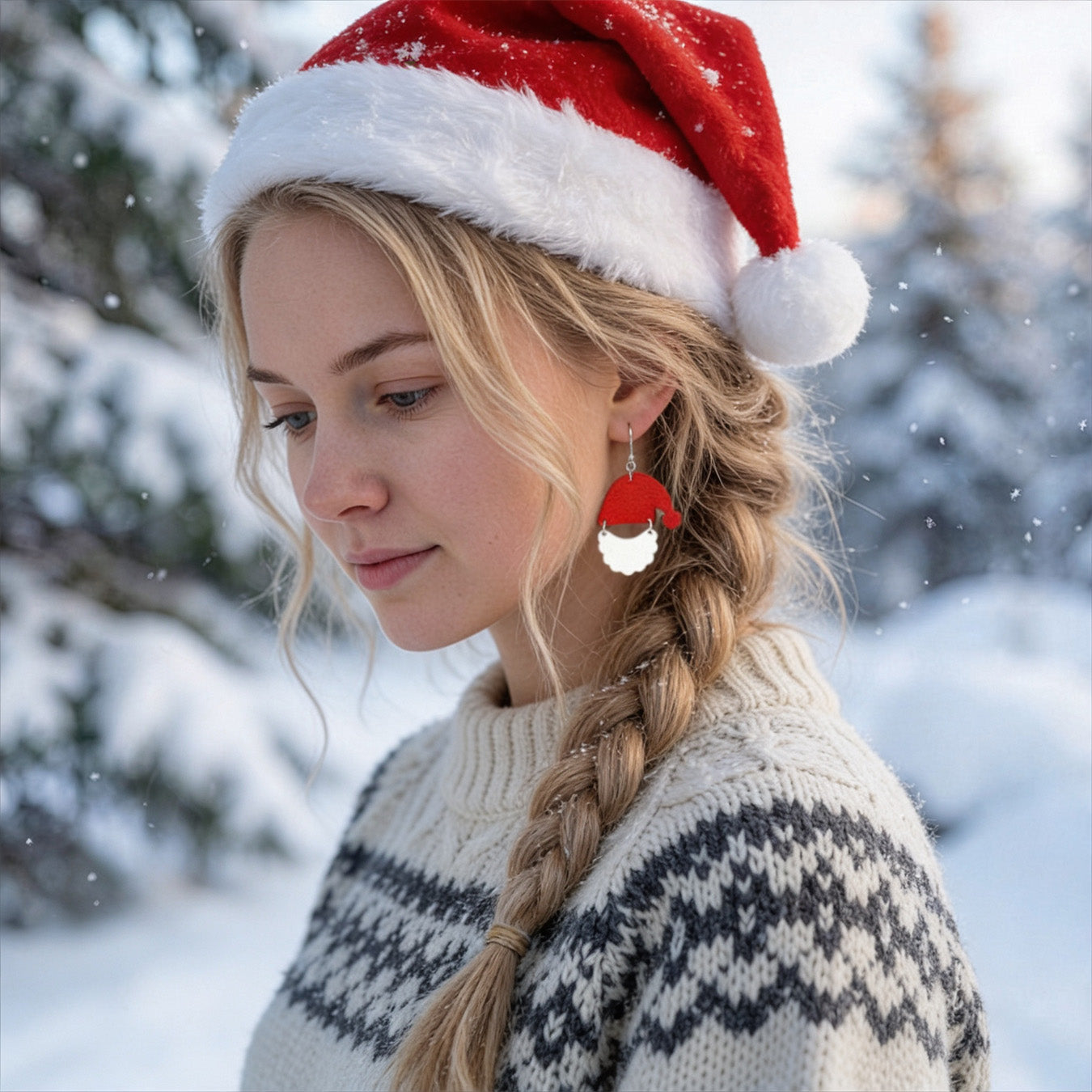 Blonde woman wearing Ho Ho Ho earrings and a red Santa hat in a snowy winter landscape, dressed in a warm Nordic knit sweater.