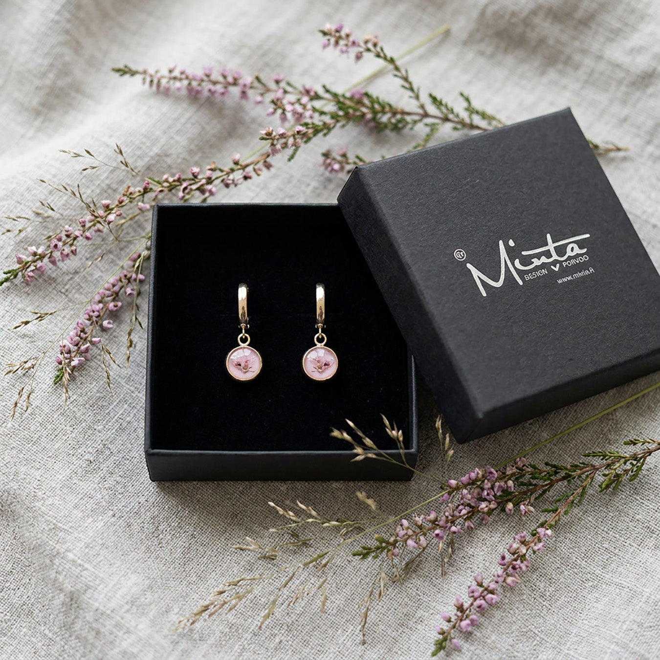 Pink heather flower huggie earrings in byMinta gift box with heather and dried grasses