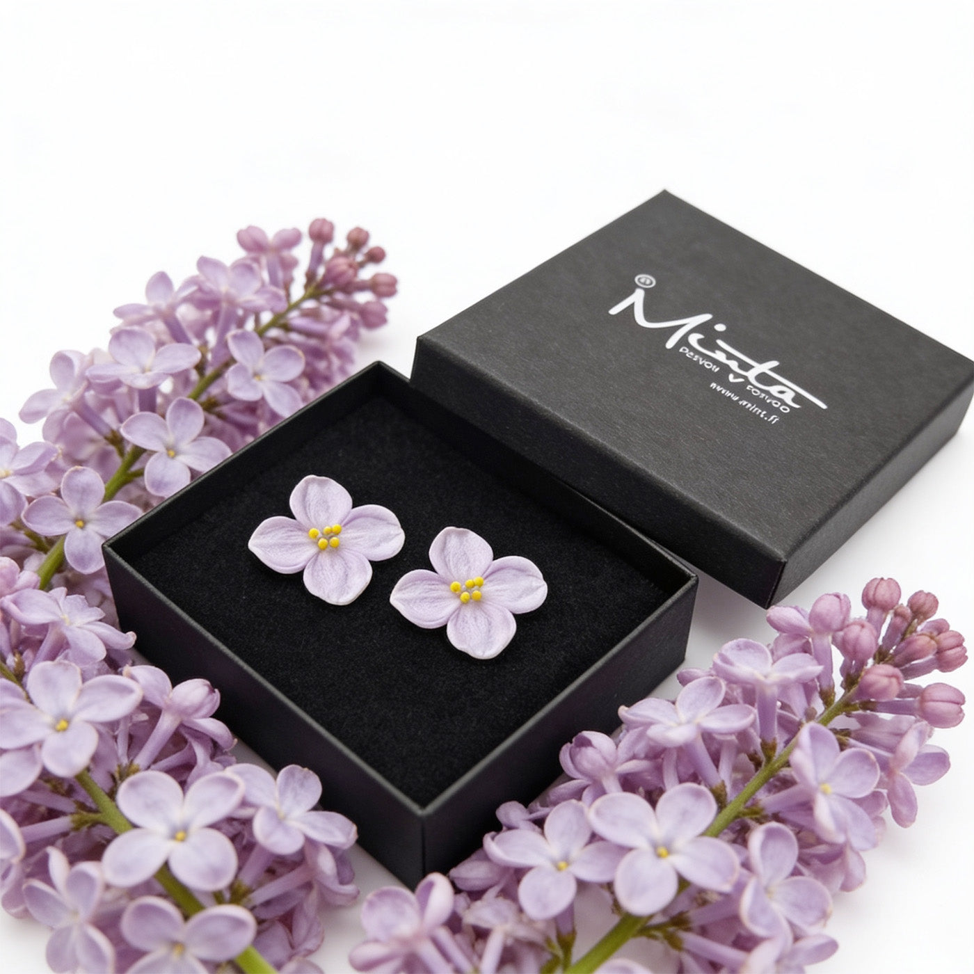 handmade lilac flower earrings in gift box with fresh lilac blossoms