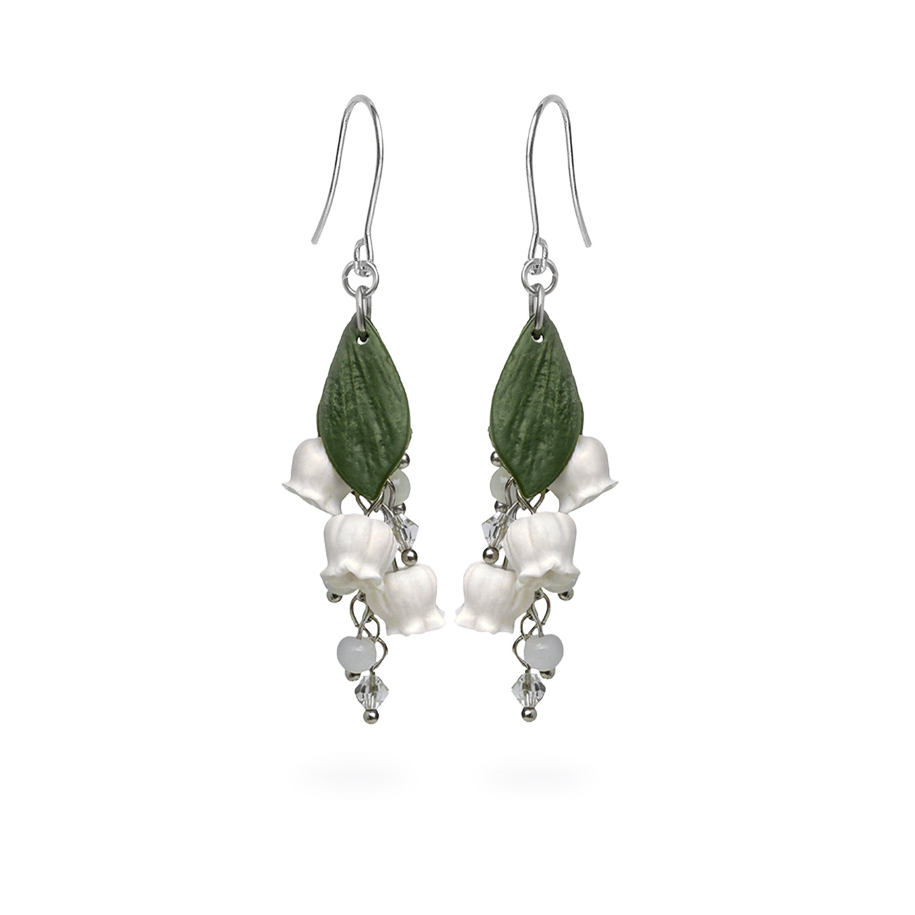 Lily of the Valley Earrings featuring delicate white bell-shaped flowers, green leaves, and crystal details. Handmade in Finland by byMinta.