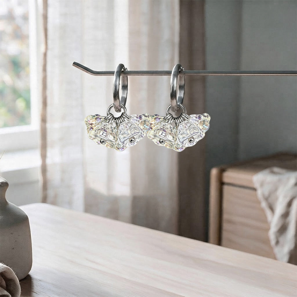 Bloom Meringue glass flower earrings with stainless steel huggie hoops, handcrafted in Finland by byMinta