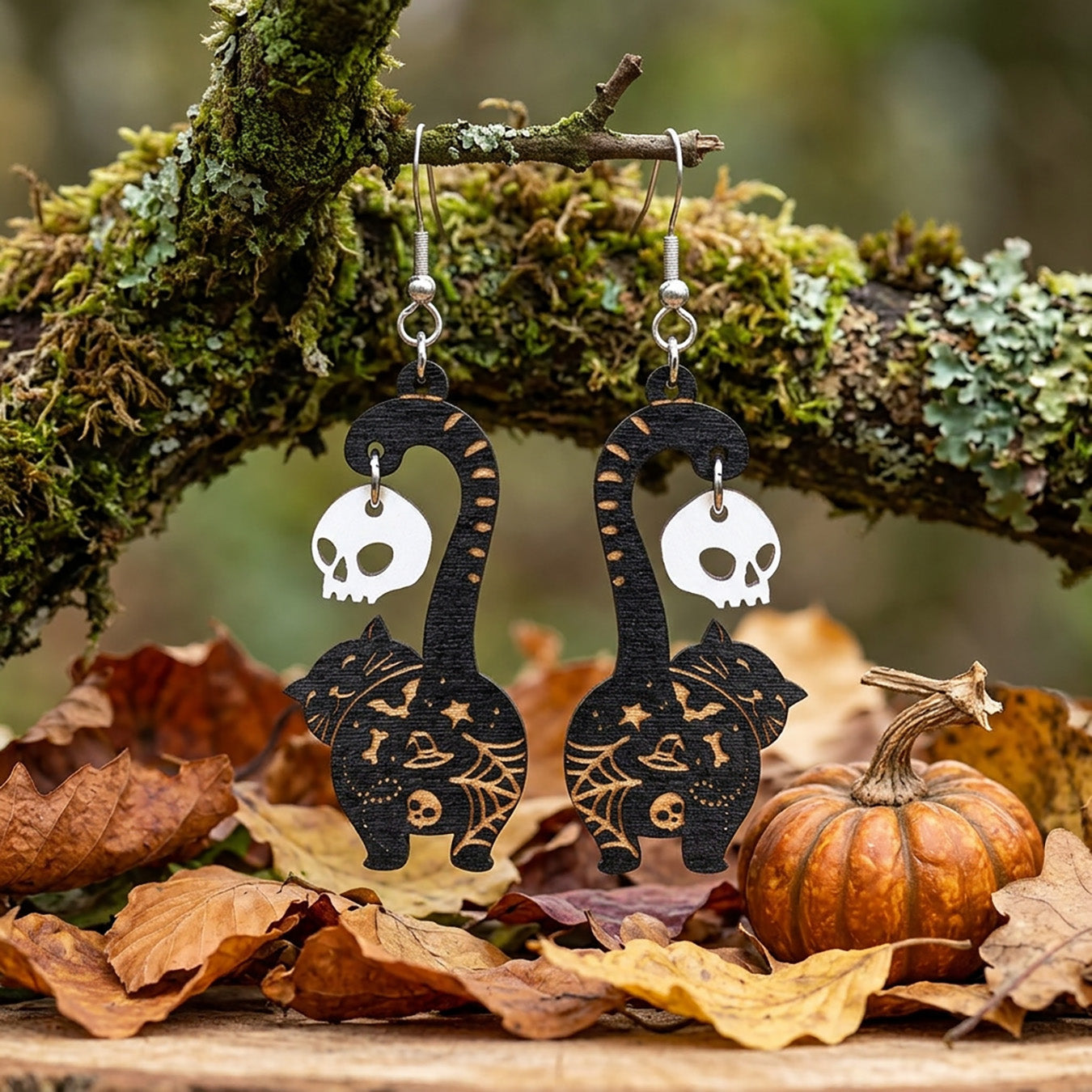Black cat earrings with skull charms hanging on a branch, handmade Halloween earrings from Finnish birch plywood.