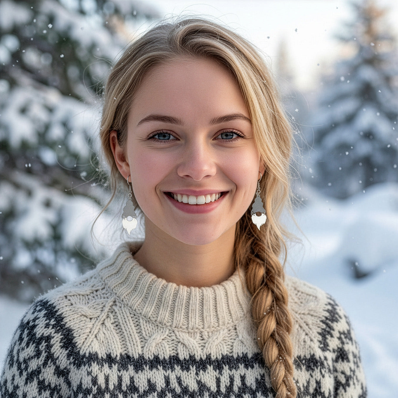 Smiling blonde woman wearing elegant gray Christmas gnome earrings in a snowy winter landscape, dressed in a warm Nordic sweater. Handmade in Finland by byMinta.