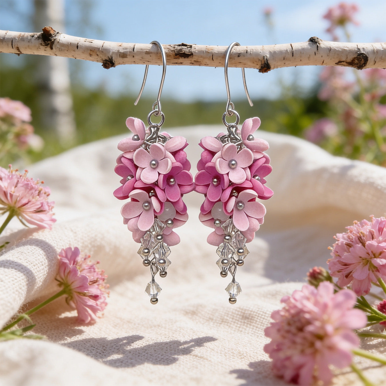 Flower Cloud Earrings displayed on a birch branch among pink summer blossoms in bright natural daylight. Handmade in Finland by byMinta.