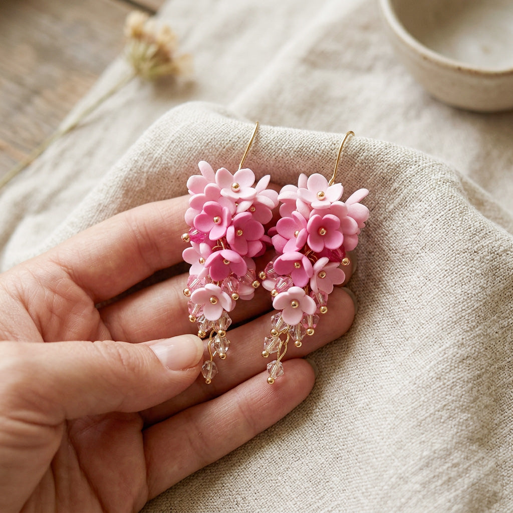 Flower Cloud Earrings photographed in soft natural light, with one earring gently held by hand for scale and surrounded by delicate pink blossoms. Handmade in Finland by byMinta.