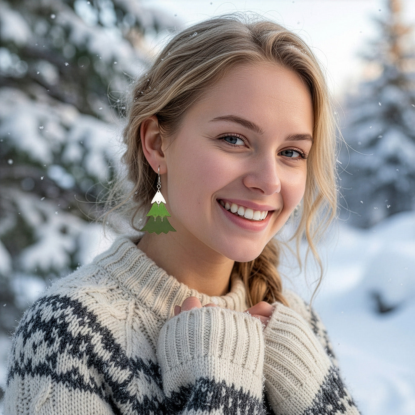 Smiling blonde woman wearing the Christmas tree earrings in a snowy winter landscape, dressed in a cozy Nordic knit sweater. Handmade in Finland by byMinta.