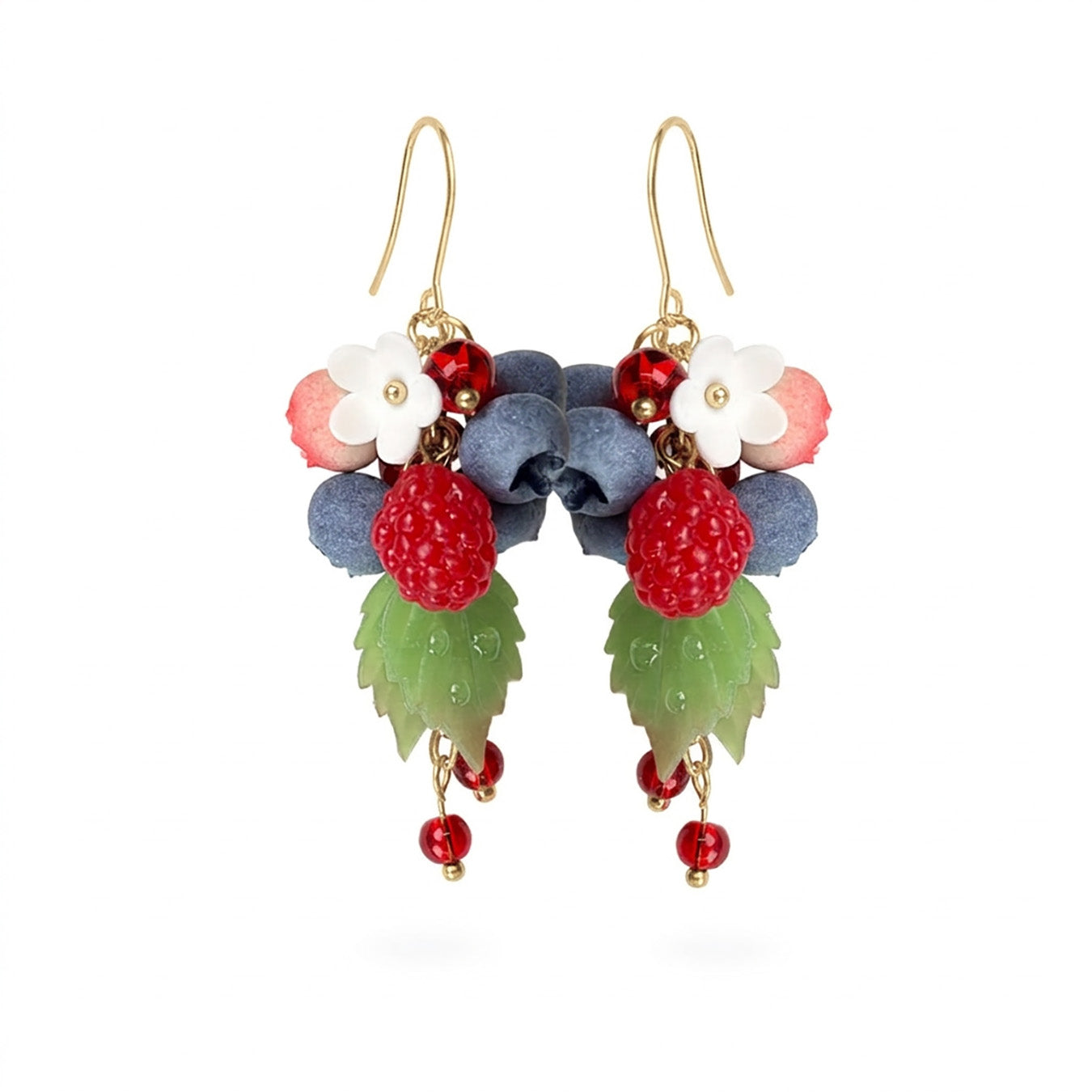 Berry earrings with handmade raspberries, blueberries, white flowers and green leaves, gold hook earrings with red crystal details, handcrafted Finnish jewelry.