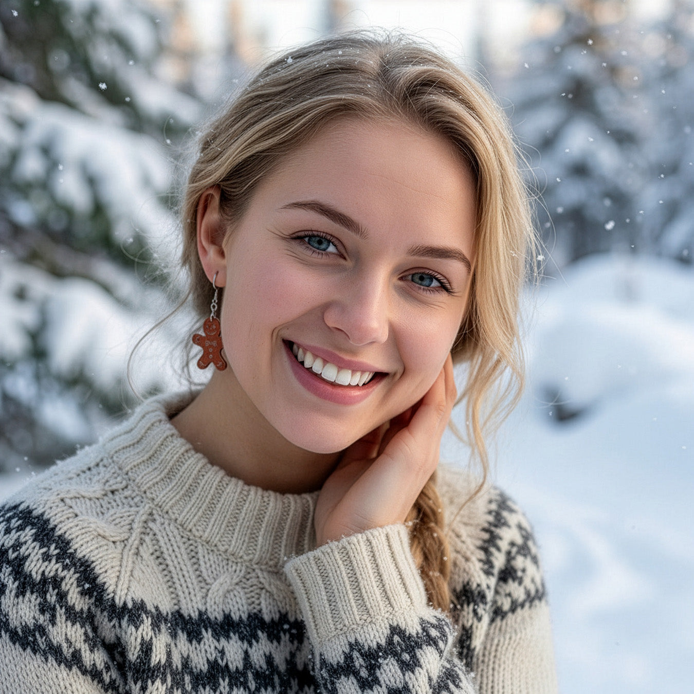 Smiling blonde woman wearing the gingerbread cookie earring in a snowy winter landscape, dressed in a warm Nordic knit sweater. Handmade in Finland by byMinta.