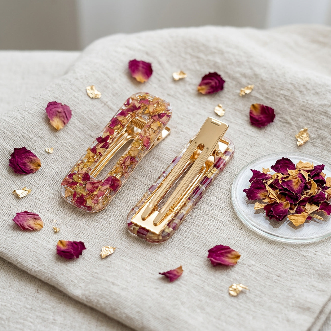 Resin hair clips with real rose petals and gold leaf on linen fabric