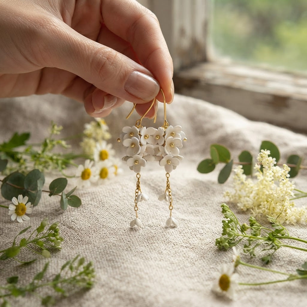 Hand holding handcrafted white Mock Orange flower earrings on natural linen with fresh summer flowers.