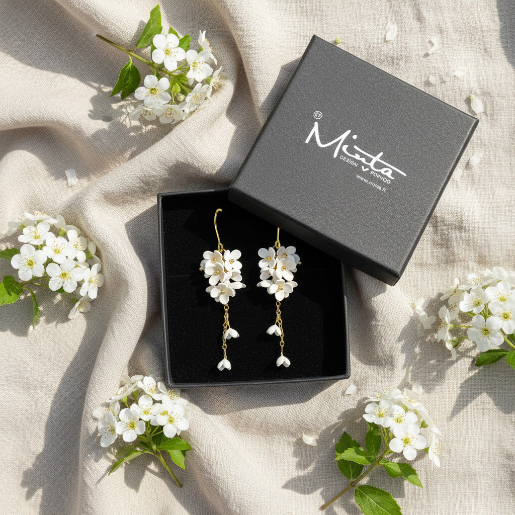 Handcrafted white Mock Orange flower earrings presented in a Minta gift box surrounded by blooming Mock Orange flowers