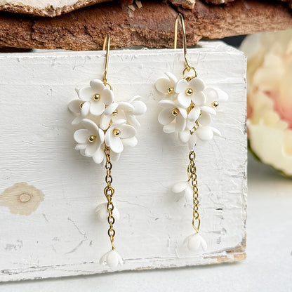 Handcrafted white Mock Orange flower earrings on white painted wood with natural birch bark. Gold-colored stainless steel hooks. Made in Finland.