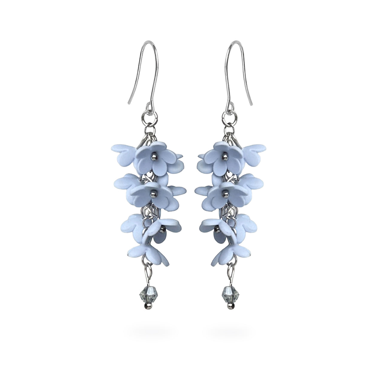 Shadow Vine Earrings featuring cascading pale blue flowers and delicate crystal details. Handmade in Finland by byMinta.