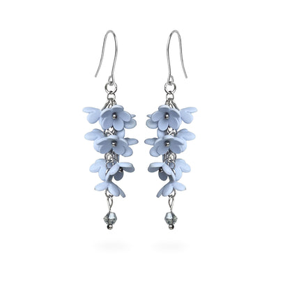 Shadow Vine Earrings featuring cascading pale blue flowers and delicate crystal details. Handmade in Finland by byMinta.