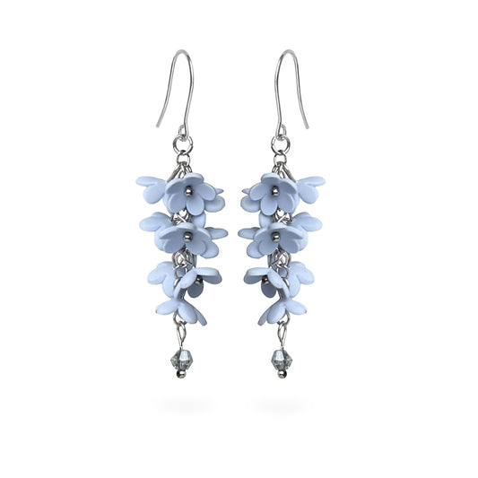 Shadow Vine Earrings featuring cascading pale blue flowers and delicate crystal details. Handmade in Finland by byMinta.