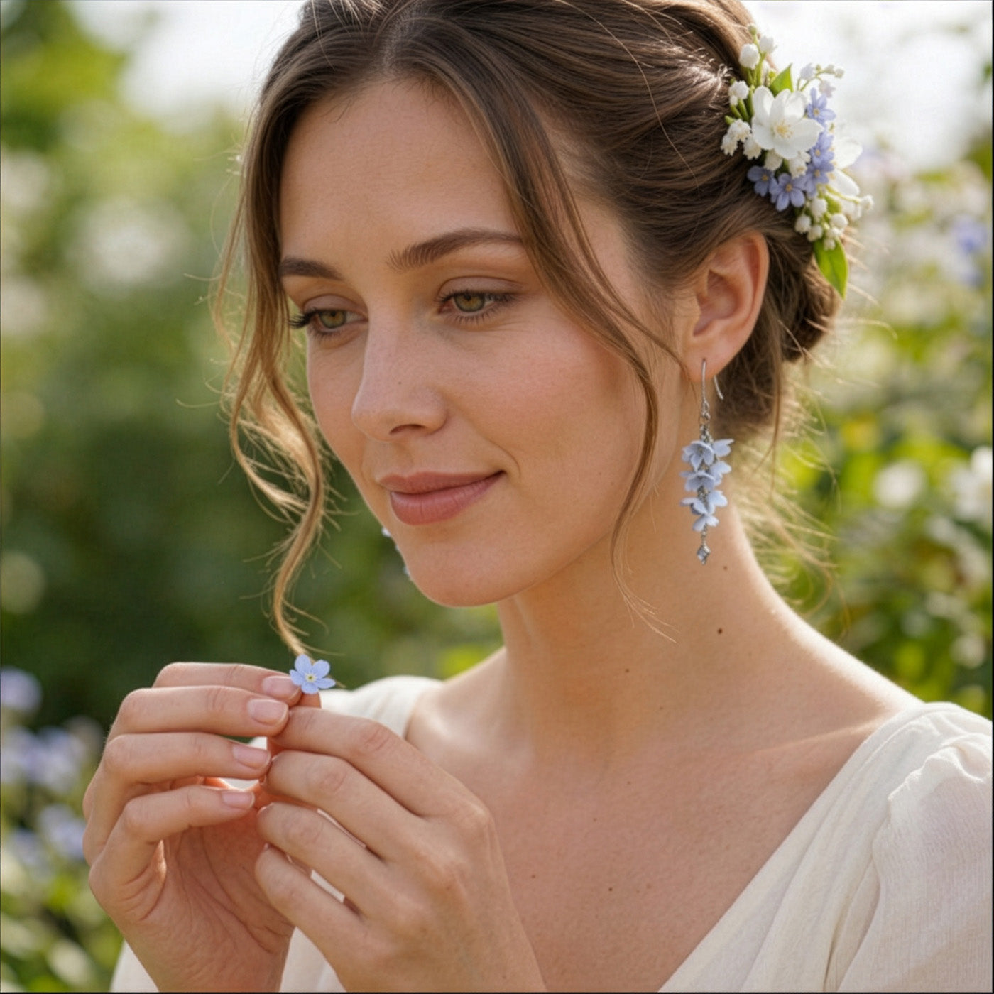 Woman wearing Shadow Vine Earrings in a soft summer garden. Handmade floral earrings inspired by the light blue tones of the summer sky.