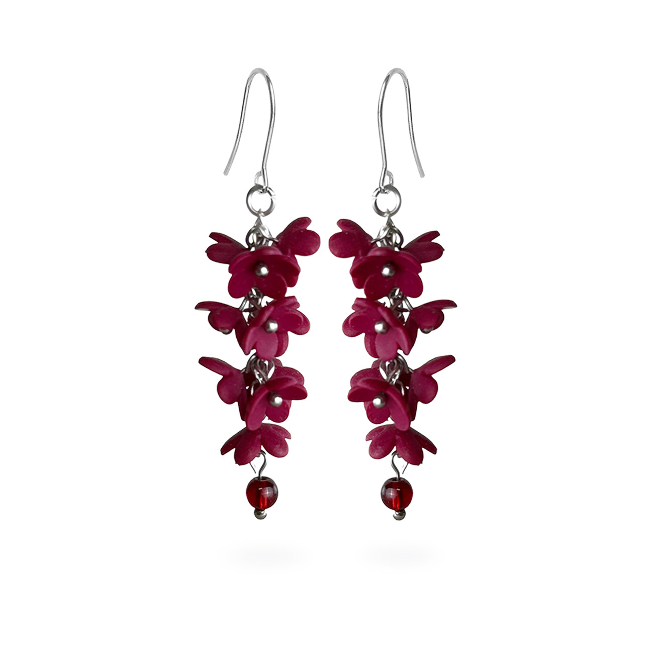 Shadow Vine Burgundy Earrings featuring cascading burgundy flowers and deep red crystal details. Handmade in Finland by byMinta.