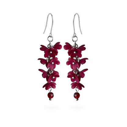Shadow Vine Burgundy Earrings featuring cascading burgundy flowers and deep red crystal details. Handmade in Finland by byMinta.