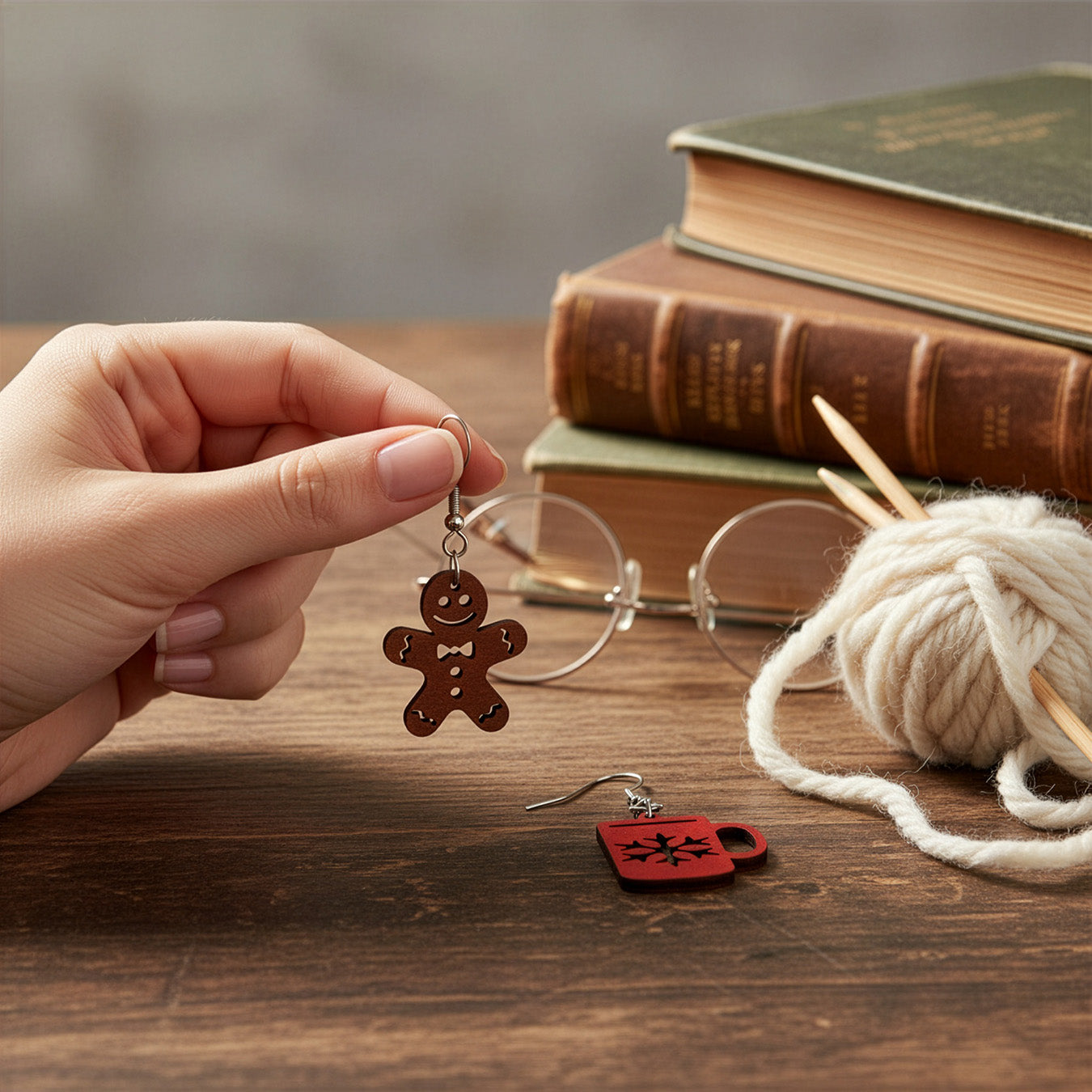 Hand holding the gingerbread cookie earring on a wooden table with vintage books, glasses, knitting needles, and soft yarn, with the mug earring beside it. Handmade in Finland by byMinta.