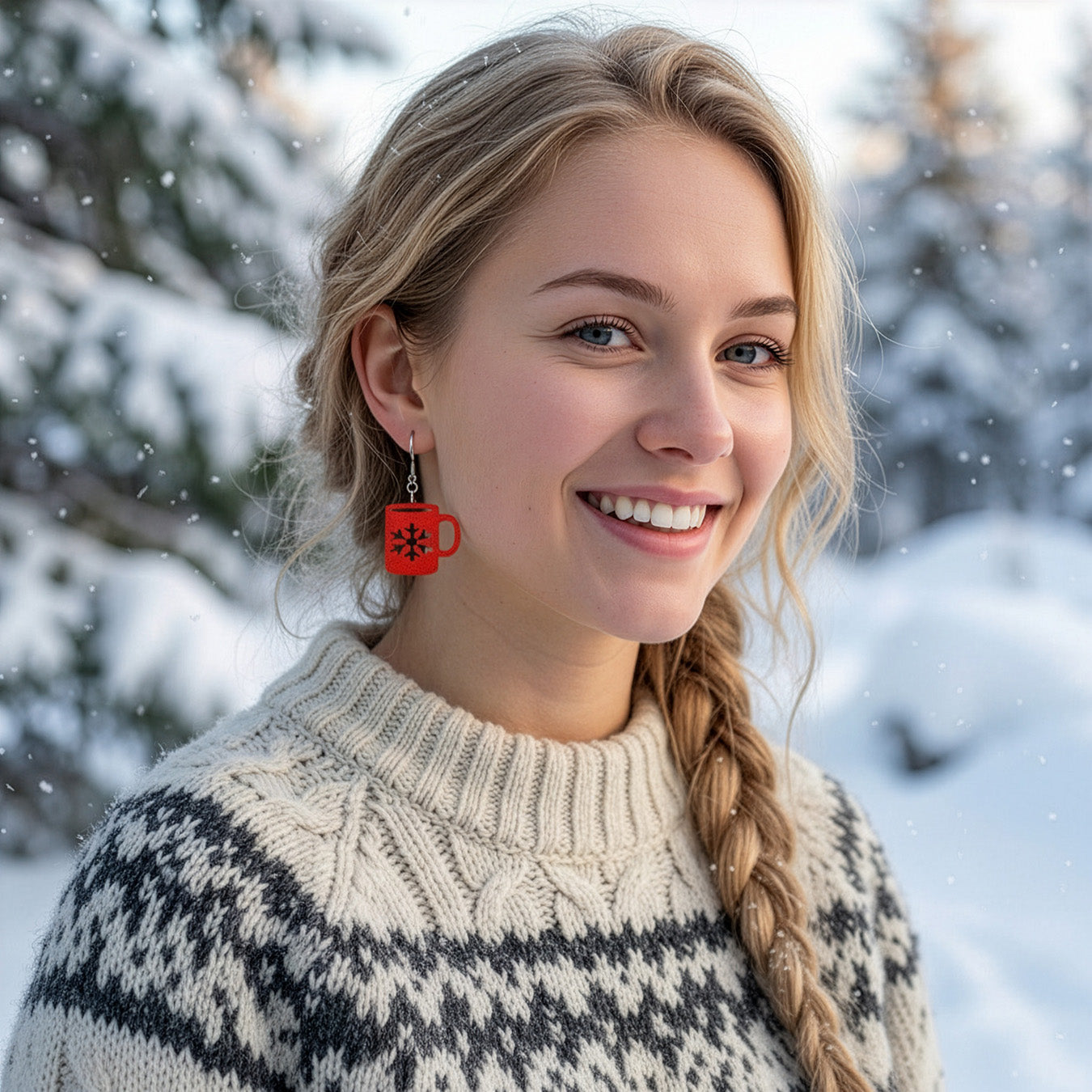 Smiling blonde woman wearing the red mug earring in a snowy winter landscape, dressed in a cozy Nordic knit sweater. Handmade in Finland by byMinta.