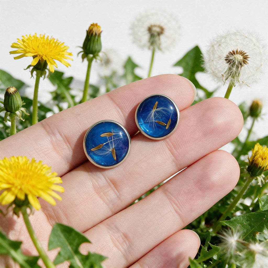 Hand holding blue dandelion seed stud earrings with real dandelion seeds preserved in resin, surrounded by dandelion flowers