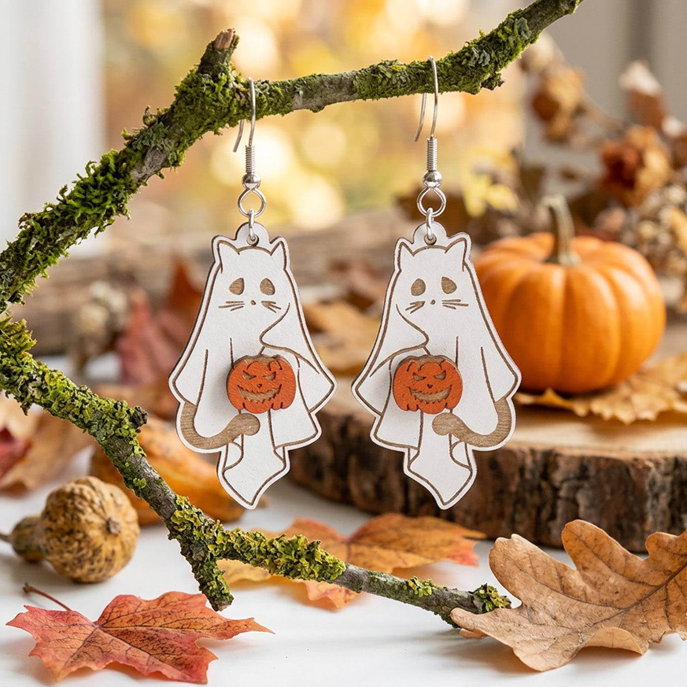 Ghost Cat Earrings hanging from a moss-covered branch in an autumn scene.