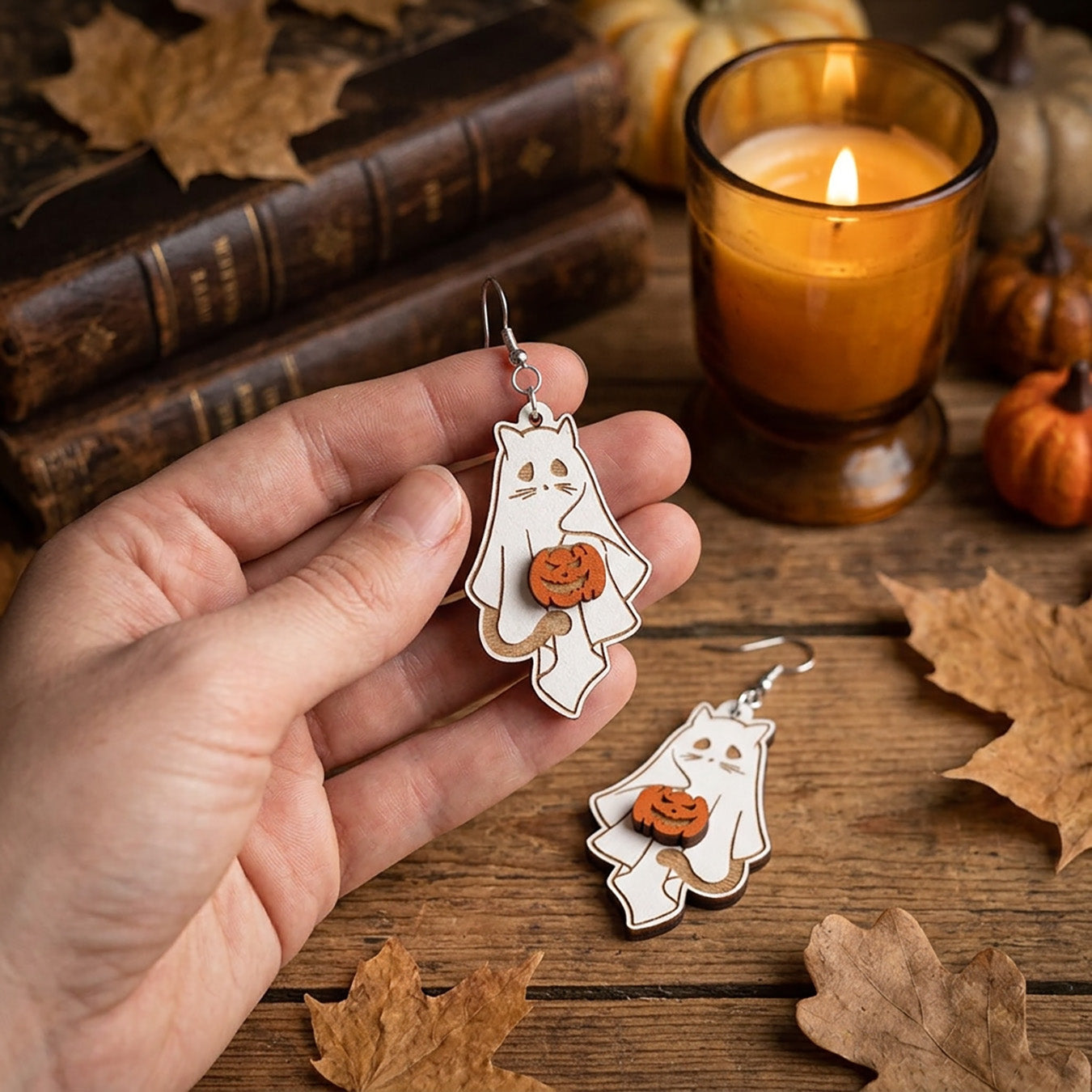 Hand holding lightweight Ghost Cat Earrings for size reference.