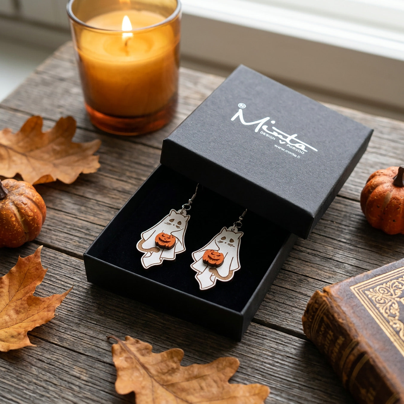 Ghost Cat Earrings in byMinta gift box with autumn leaves and pumpkins.