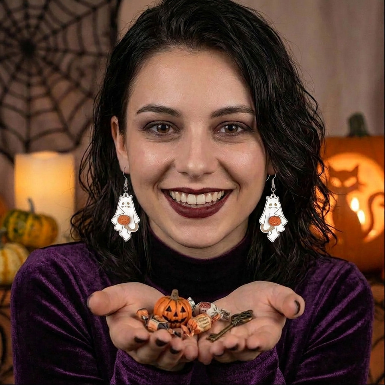 Woman wearing Ghost Cat Earrings in a playful Halloween setting.