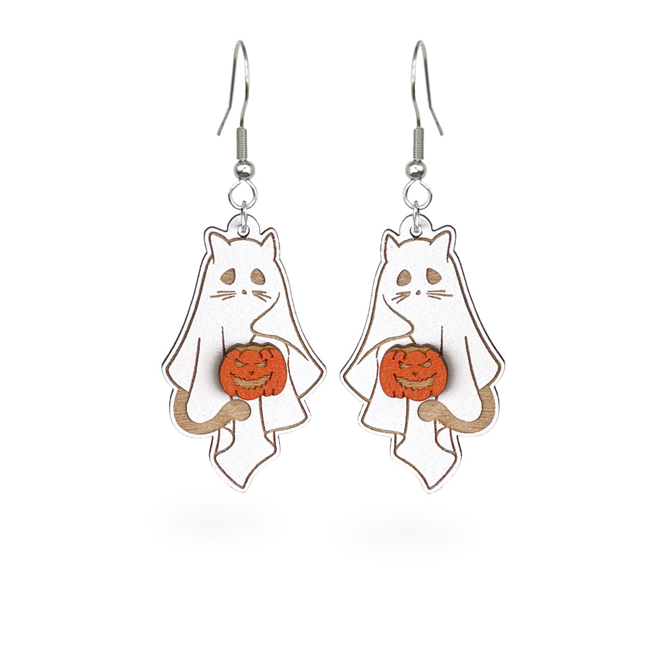 Ghost Cat Earrings holding a jack-o'-lantern, handcrafted from Finnish birch plywood.