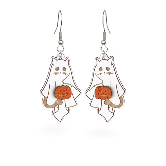 Ghost Cat Earrings holding a jack-o'-lantern, handcrafted from Finnish birch plywood.