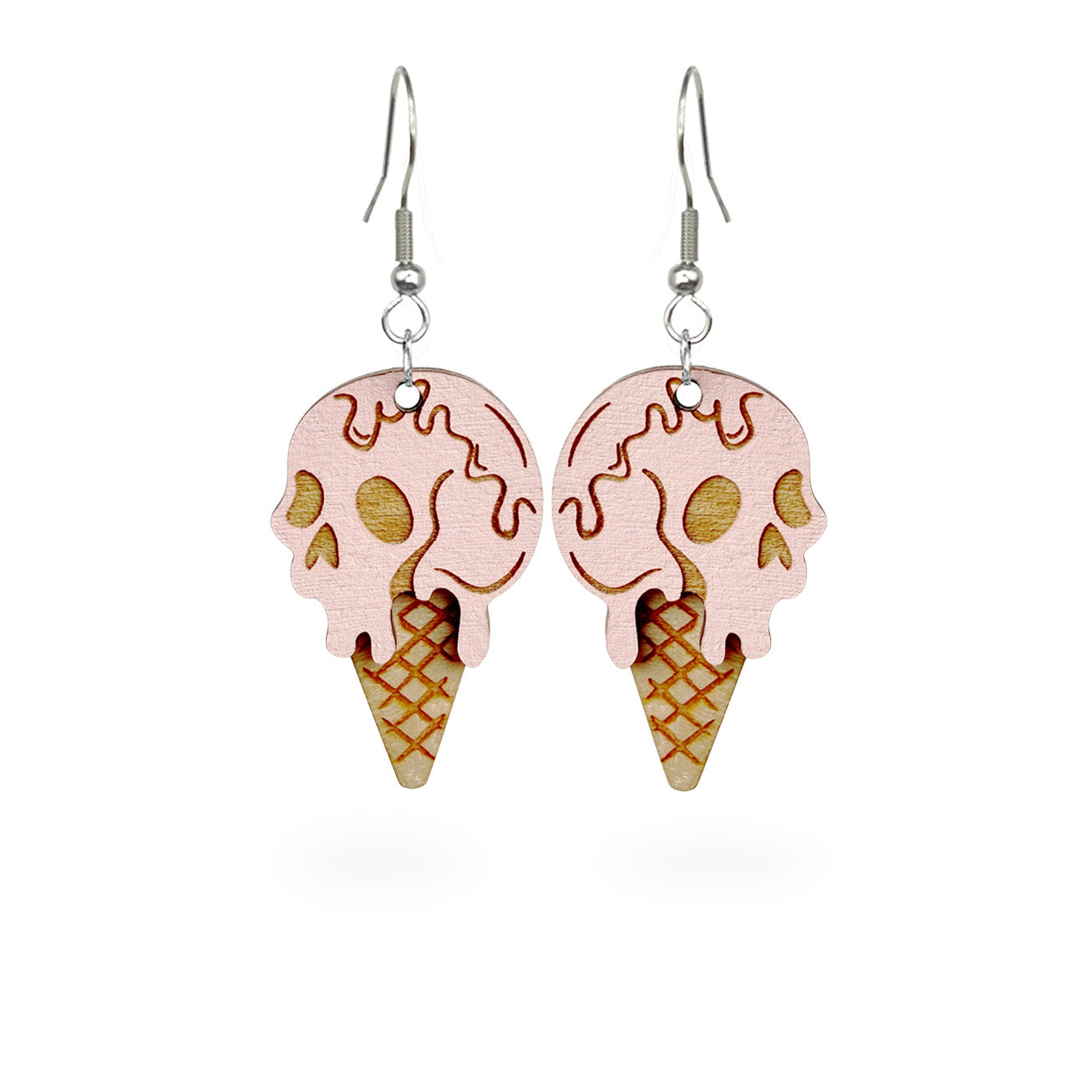 Halloween ice cream earrings on white background, handmade earrings from Finnish birch plywood.