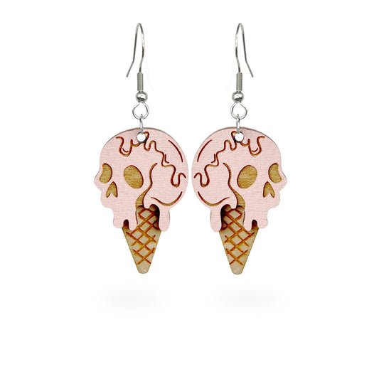 Halloween ice cream earrings on white background, handmade earrings from Finnish birch plywood.