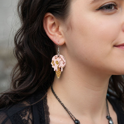 Handmade skull ice cream cone earring worn on ear, lightweight wooden jewelry