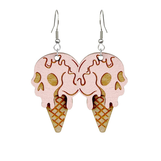 Handmade skull ice cream cone earrings, lightweight wooden jewelry
