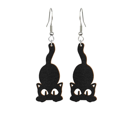 Handmade black plywood Halloween cat earrings 