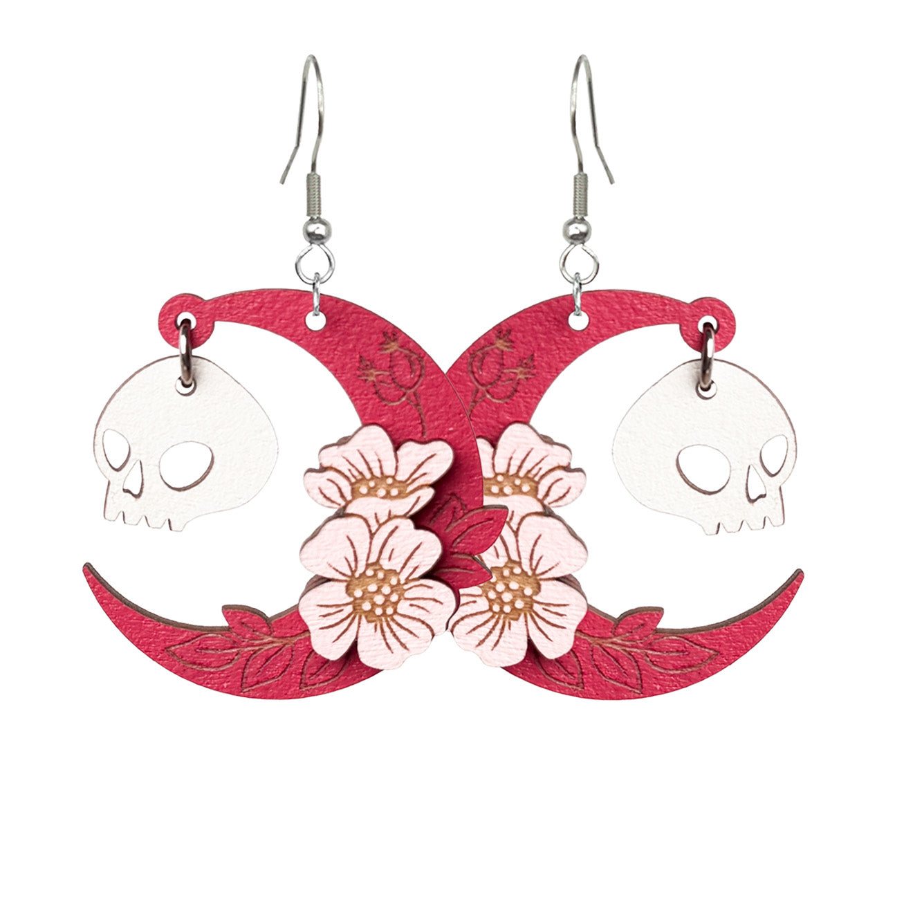 Skull earrings with pink crescent and flowers, handmade wooden Halloween earrings byMinta