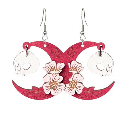 Skull earrings with pink crescent and flowers, handmade wooden Halloween earrings byMinta
