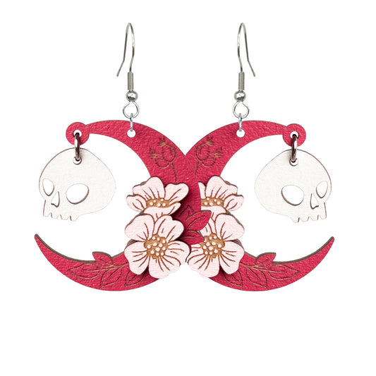 Skull earrings with pink crescent and flowers, handmade wooden Halloween earrings byMinta