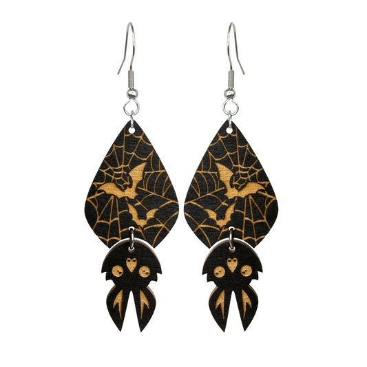 Handmade bat and spider web earrings, lightweight wooden jewelry