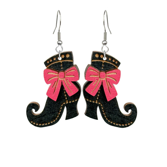 Handmade black boot earrings with pink bows Finland byMinta, lightweight wooden jewelry