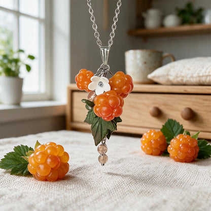 Cloudberry necklace with handmade orange berries, white flower and green leaves, stainless steel chain necklace, handcrafted Finnish jewelry.