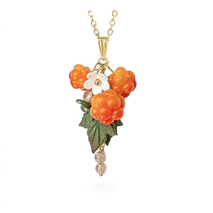 Cloudberry necklace with handmade orange berries, white flower and green leaves, gold chain necklace, handcrafted Finnish jewelry.