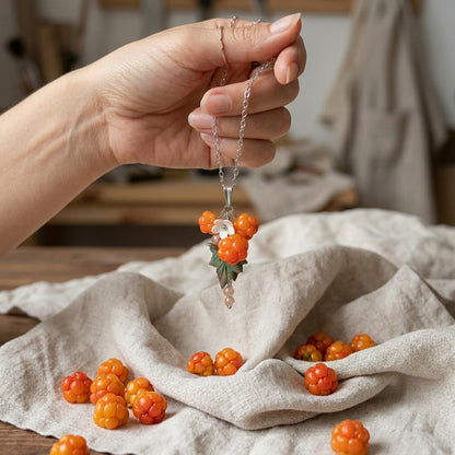 Cloudberry Bog Necklace held gently in hand, featuring hand-shaped cloudberries and leaves made from polymer clay. Natural linen fabric, fresh cloudberries, and green leaves in soft natural light. Handmade in Finland by byMinta.