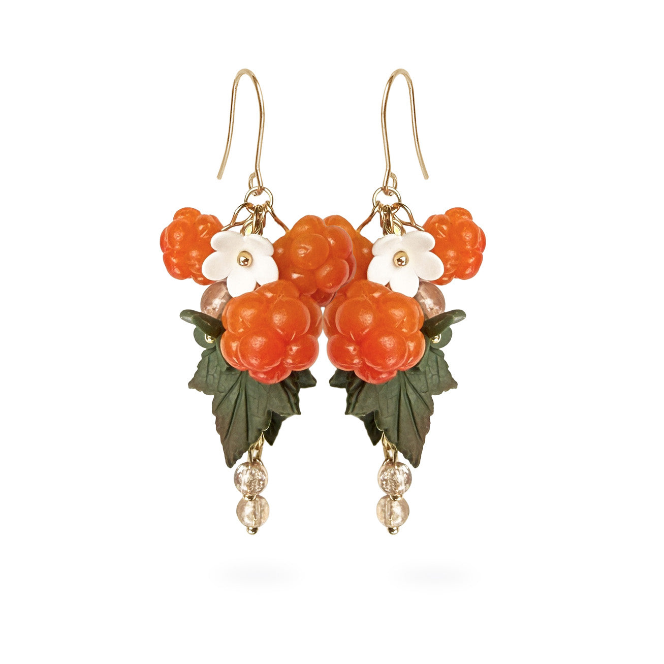 Cloudberry flower earrings with handmade berries, white flowers and green leaves, gold hooks, lightweight dangling earrings, handcrafted in Finland.