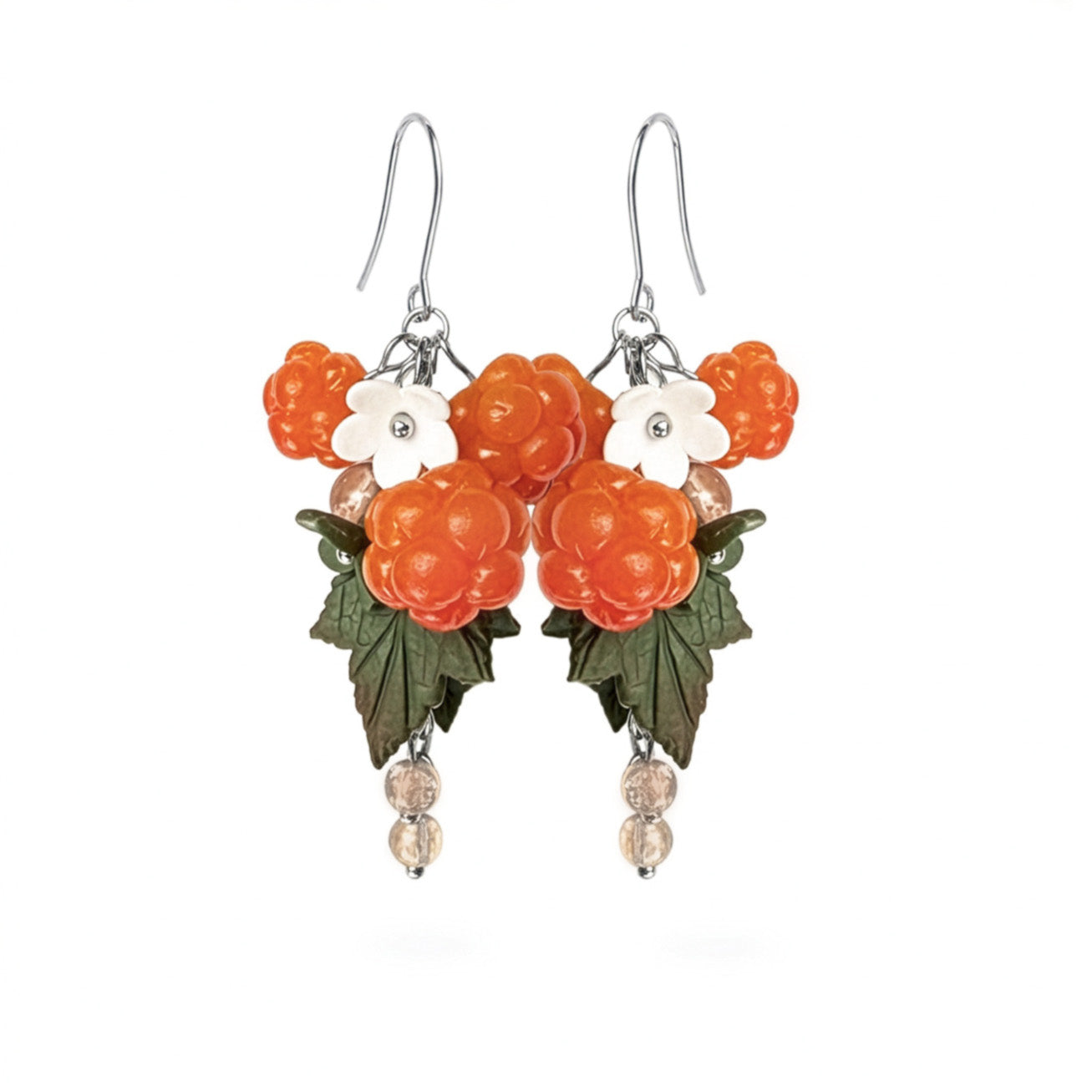Cloudberry Marsh Earrings featuring hand-shaped cloudberries, white and green flowers, and green leaves. Handmade in Finland by byMinta.