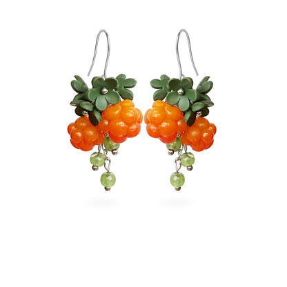 Cloudberry Sprout Earrings featuring hand-shaped cloudberries, green leaves, and delicate crystal details. Handmade in Finland by byMinta.