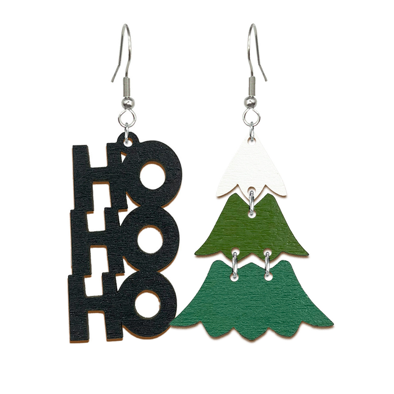 joulukuusi koru, leikkisä joulukoru koivuvanerista, handmade Christmas tree earrings, lightweight Nordic jewelry from Finland byMinta